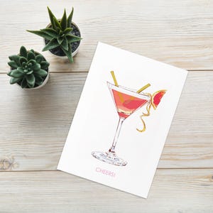 Blanco Pink Lady-wenskaart met envelop | Luxe geïllustreerde cocktail zomer meisjes leuk chique eenvoudig minimalistisch esthetiek | Verschillende maten
