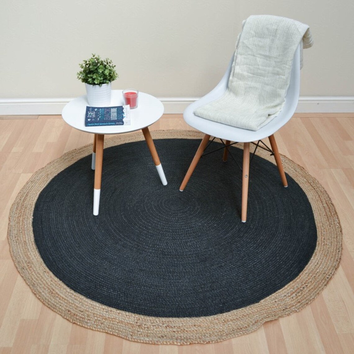5x5 6x6 7x7 8x8 Navy Jute Rug with Brown Border Jute Etsy