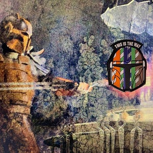 May include: A patch featuring a Mandalorian helmet design with the text "THIS IS THE WAY". The helmet design incorporates orange, green, and brown stripes. The background shows a figure in Mandalorian armor.