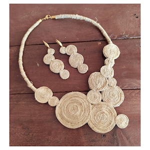 Artisanal Natural Twine Jewelry Set, Boho Hemp And Steel Necklace And Earrings