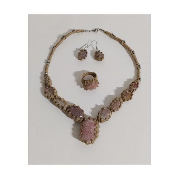 Eco-Friendly Amethyst Like Pebble Jewellery Set-Handmade Jute & Pebble Jewellery Set-Unique Jute And Pink-Purple Seastones Jewelry Set