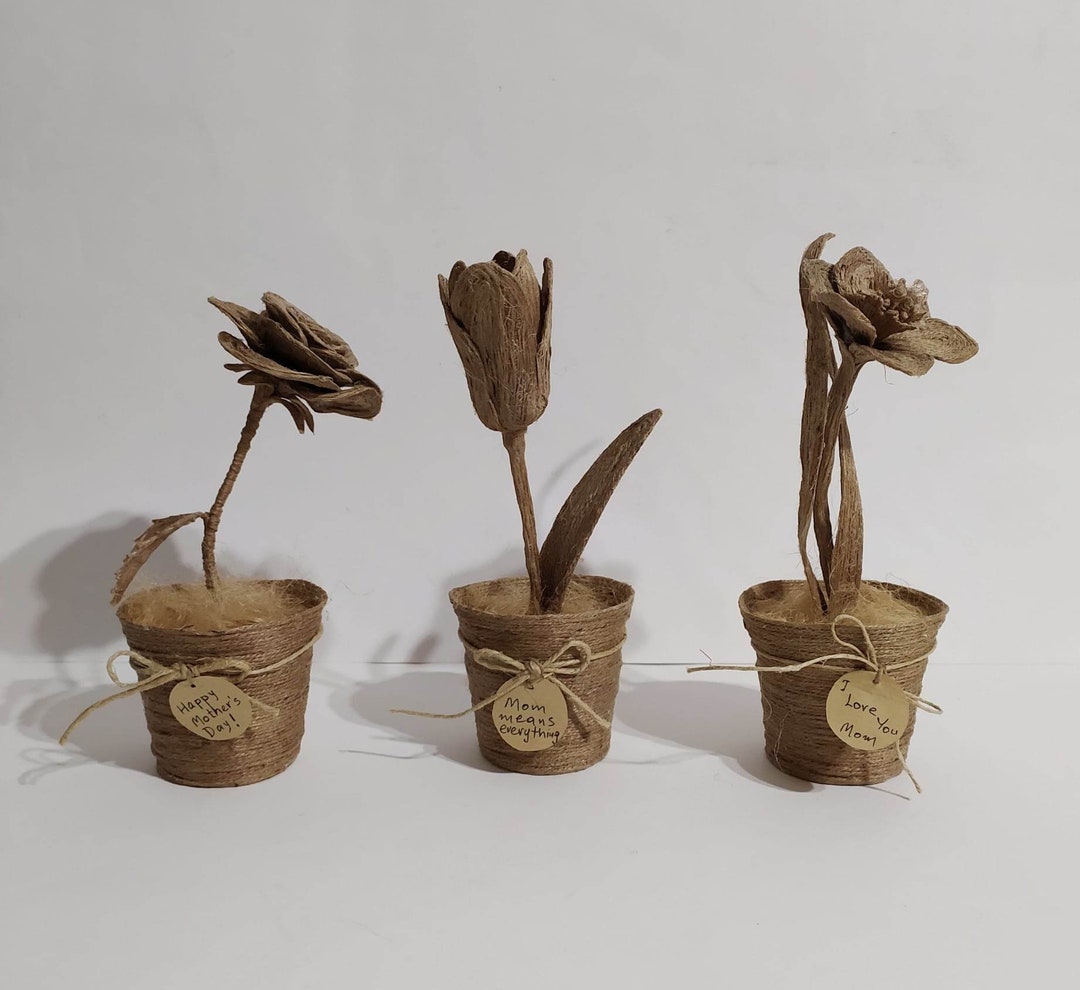 Mini Jute Flower Sculptures in A Pot,handmade,jute Twine Scultures of