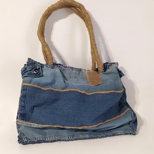 Grand sac à bandoulière en jean et jute recyclés, sac shopping/plage/ville toute la journée durable, fait main, sac en jean et jute cousu main