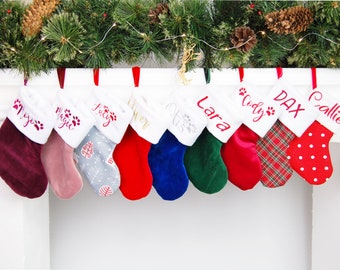 Cat Christmas Mini Stocking Personalized Embroidered with Name and Paws, velvet stocking