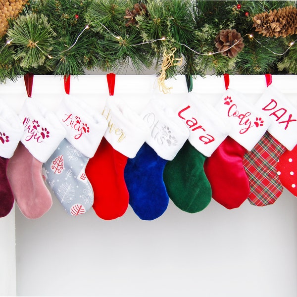 Cat Christmas Mini Stocking Personalized Embroidered with Name and Paws, velvet stocking