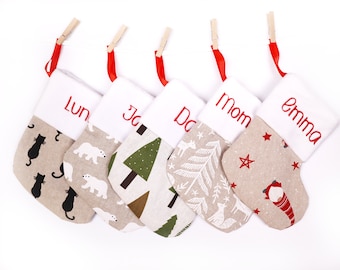 Linen mini christmas stocking Personalized Embroidered Custom Name for Kids, Family and Cat