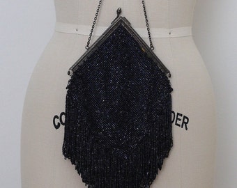 VINTAGE antique navy blue beaded diamond purse / reticule/ Art Deco/ evening purse / beaded bag