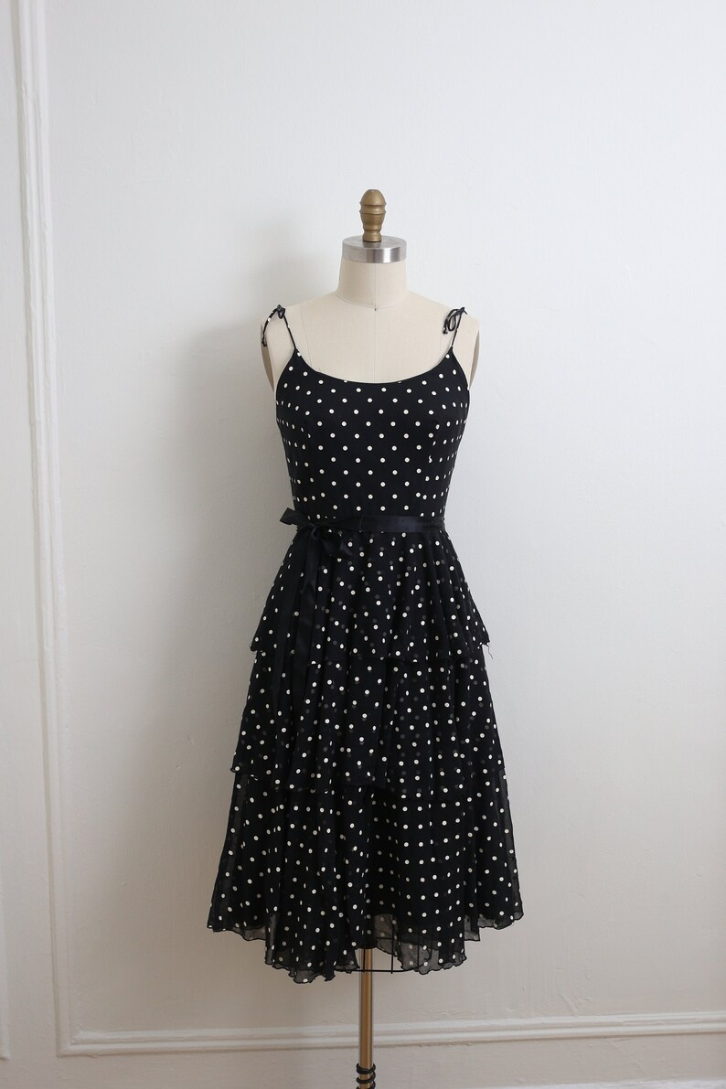 VINTAGE 1980/'s Black and white polka dot ruffle dress