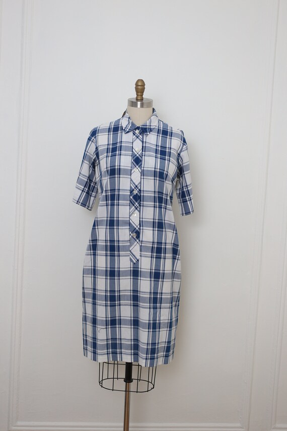 VINTAGE 1970's Blue plaid shift dress /shirt dress