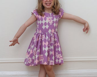 Hand made in NYC Children's vintage up-cycle 1970's  mod pink/purple print  princess dress with bow