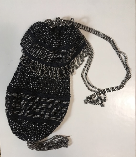 VINTAGE Black Crochet beaded reticule purse/ flapp