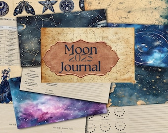 May include: A vintage-style journal with a brown cover and the text "Moon 2023 Journal". The cover features a celestial design with stars and constellations. The journal is ideal for tracking the moon phases and journaling about your experiences.