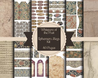 May include: A digital scrapbooking kit with 40 pages of vintage-inspired ephemera. The kit includes floral patterns, lace, music sheets, and tags. The title of the kit is "Whispers of the Past Ephemera Mega Kit".