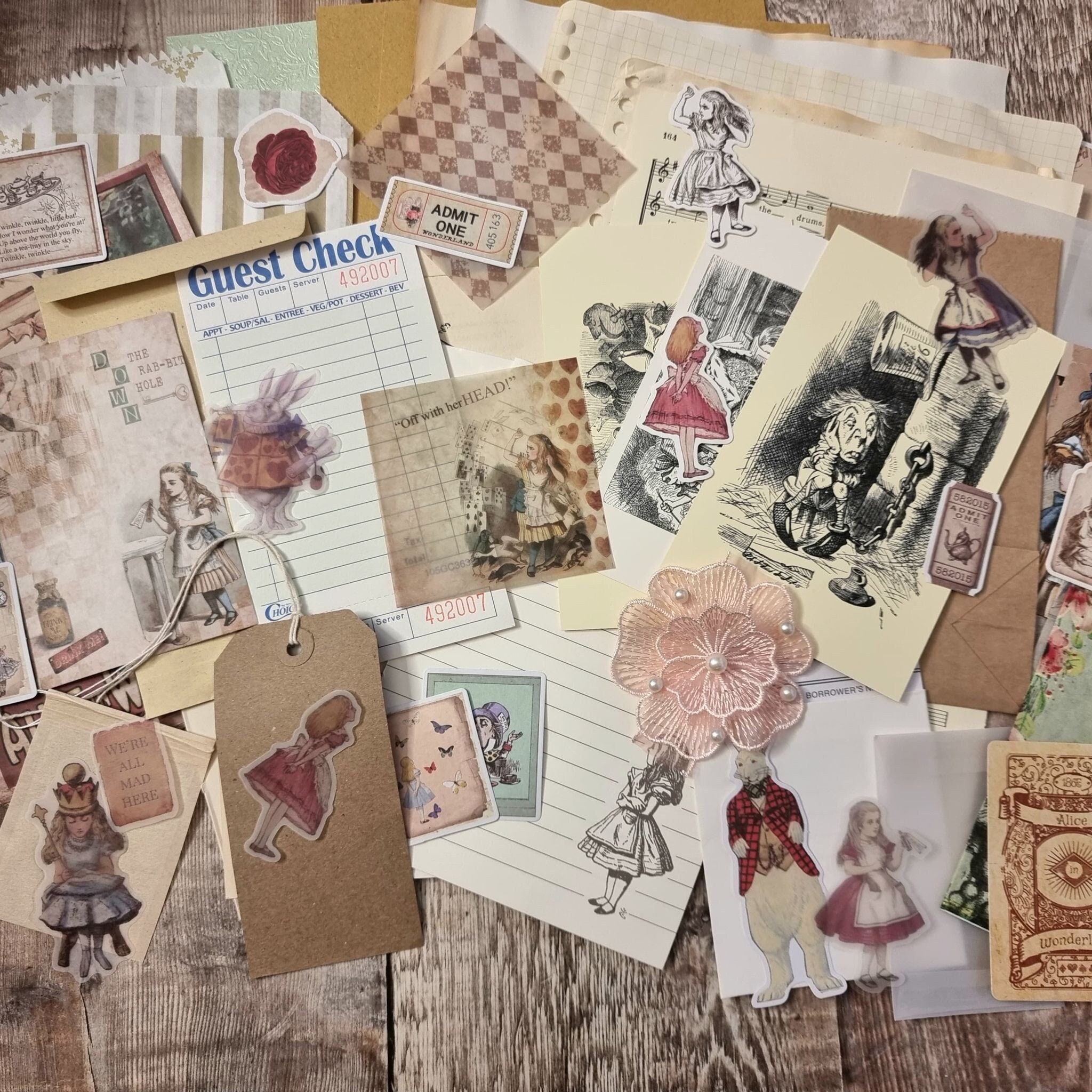 Alice in Wonderland Scrapbook Supplies, Tea Stained Ephemera
