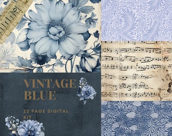Vintage Blue Junk Journal Printable Kit, Floral Digital Download, Digital Journal Kit