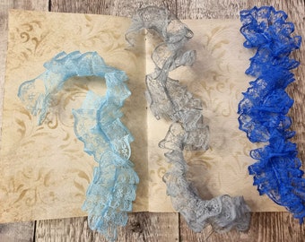 Blue Lace Sewn Ruffle Frills for page edges (8 inches long set of 3)