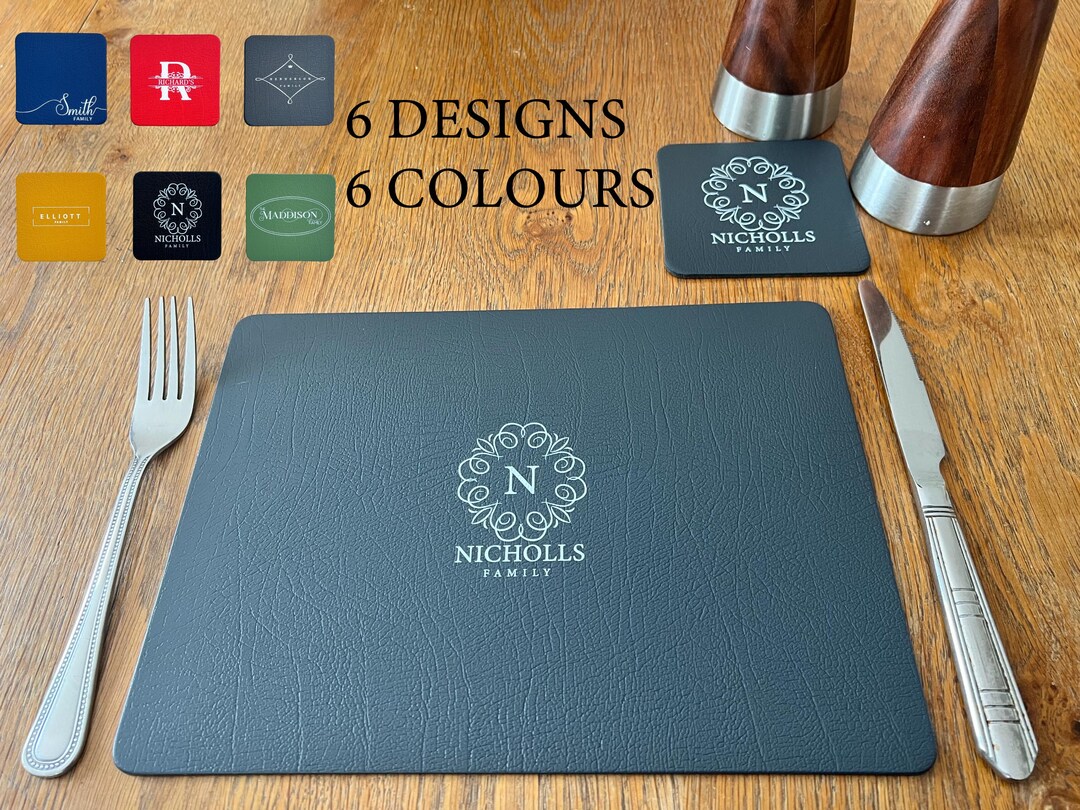 Personalised Recycled Leather Placemats and Coaster Set, 6 Designs, 6