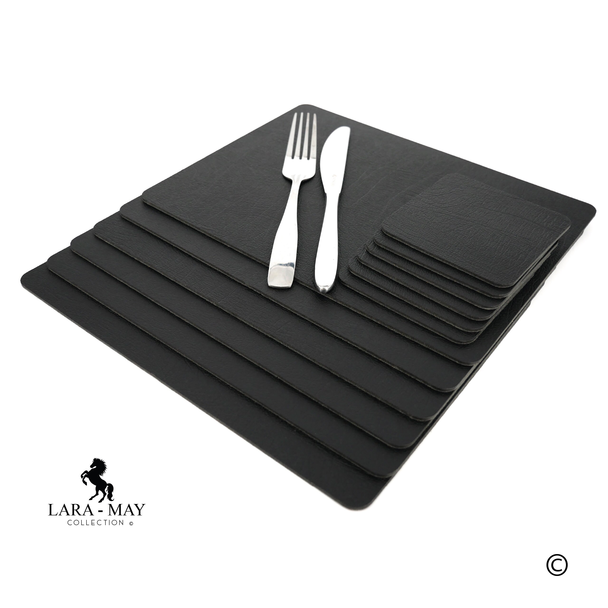 Placemats Set of 6 Recycled Leather Jet Black Place Mats 28cm X 21cm & 6  Leather Coasters. 