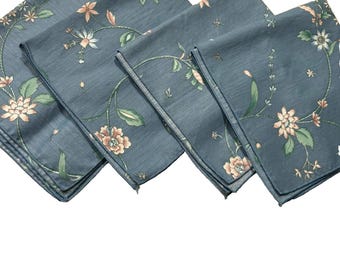 Vintage Cloth Napkins Cotton Printed Floral Cottagecore 80s Set of 4 Blue