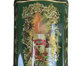 Vintage 1981 Christmas Tin Canister Green Container Decorative Old English Style