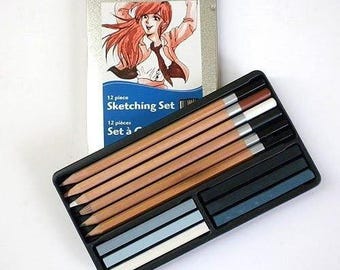 Set di schizzi artistici da 12 pezzi, matite da disegno e gessetti