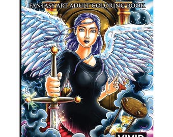 Könnte beinhalten: Ein Fantasy-Art-Malbuch für Erwachsene mit dem Titel "Gods & Goddesses". Das Cover zeigt eine Frau mit lila Haaren und weißen Flügeln, die ein Schwert hält. Titel und Name des Autors sind deutlich sichtbar.
