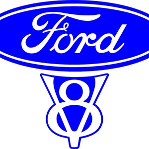 Ford V8 Vintage Decal 5.6&quot;w x 4.5&quot;h in blue or red and other colors available