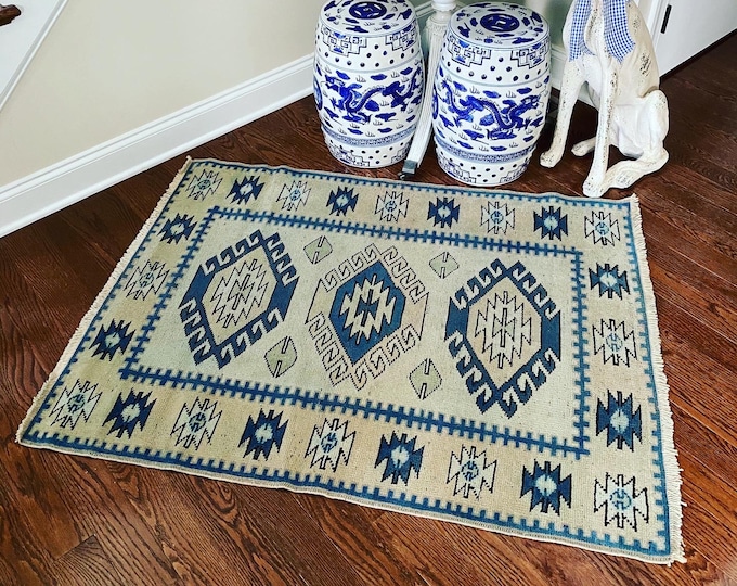 Vintage Midcentury Turkish Blue and Grey Rug - Chinoiserie Chic - Famille Rose - Vintage Asian Decor - Preppy Eclectic Decor- Grandmillenial