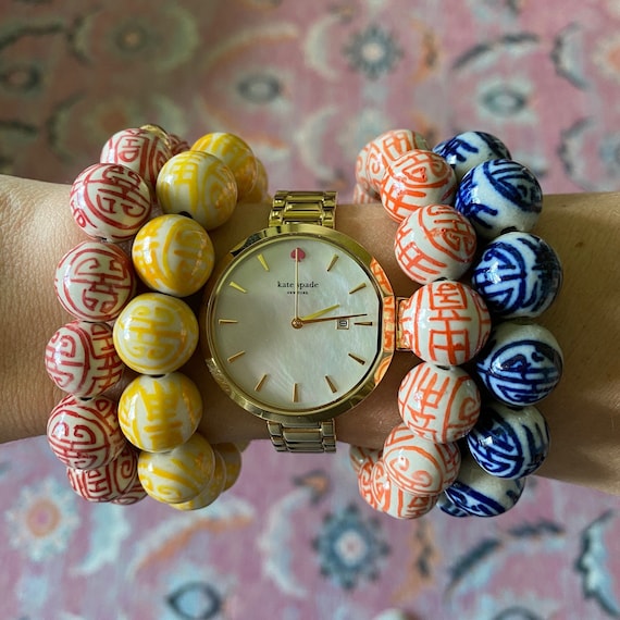 Vintage Handpainted Beaded Chinoiserie Bracelet -