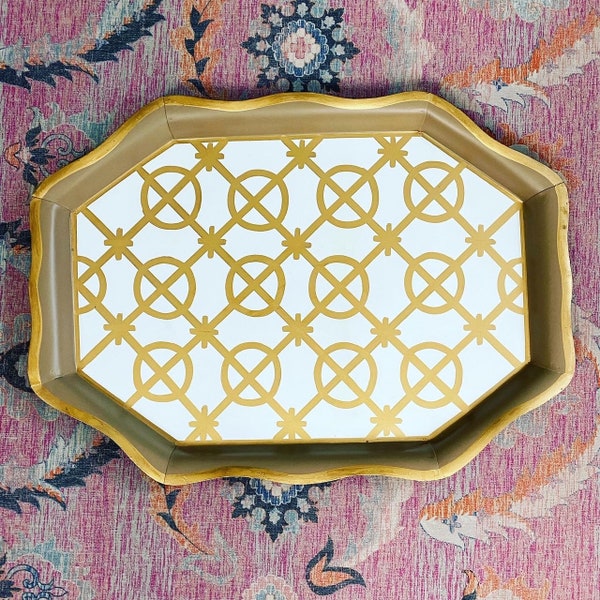 Vintage Handpainted Tole Fretwork Gilded Tray - Chinoiserie Chic - Springer Spaniel - Preppy Eclectic Decor - Grandmillenial Style