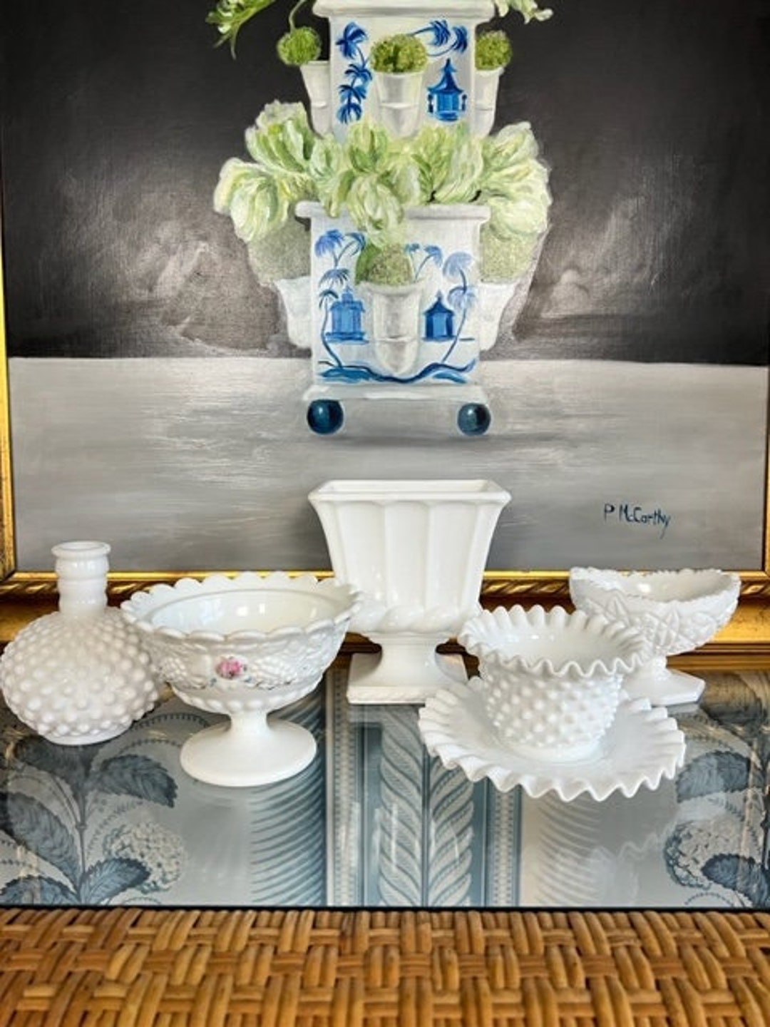 Vintage Milk Glass Bud Vase Assortment Chinoiserie Chic Famille Rose Vintage Asian Decor Preppy