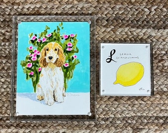 Framed Original Gouache Chinoiserie Spaniel or Lemon in Acrylic Frame - Traditional Decor - Preppy Eclectic Decor- Grandmillenial Style