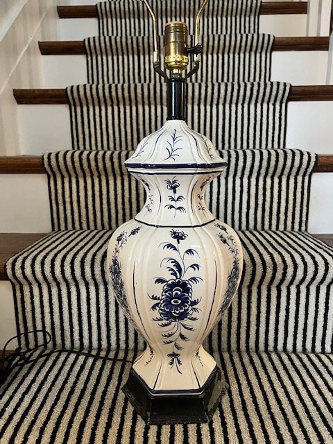 Vintage Large Blue and White Ginger Jar Lamp Base Chinoiserie Chic Preppy Eclectic Decor