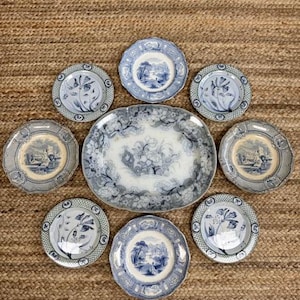 Antique Blue and White Ironstone Instant Plate Wall - Chinoiserie Chic - English Flow Blue - Preppy Eclectic Decor - Grandmillenial Style