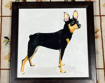 Framed Original Miniature Pinscher Dog Impressionist Painting  - Traditional Decor - Preppy Eclectic Decor- Grandmillenial Style