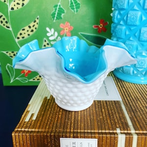 Vintage Opalescent Hobnail Blue Milk Glass - Chinoiserie Chic - Famille Rose - Vintage Asian Decor - Preppy Style - Grandmillenial Decor