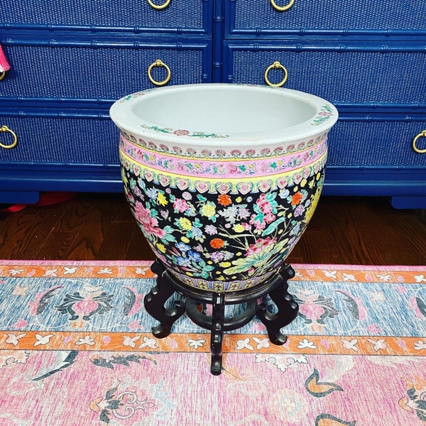 Vintage Large Chinese Fishbowl Jardiniere with Stand - Chinoiserie Chic - Famille Rose - Vintage Asian Decor - Grandmillenial Style