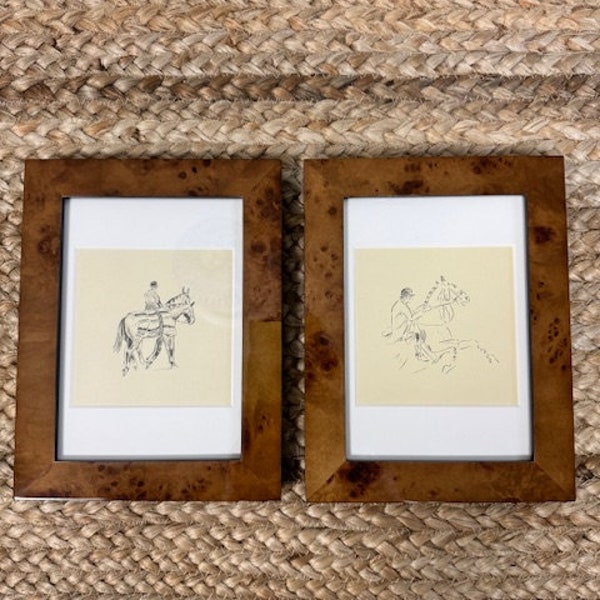 Framed Pair Scarce 1930s Equestrian Book Plates in Burl - Traditional Decor - Preppy Eclectic Decor- Grandmillenial Style