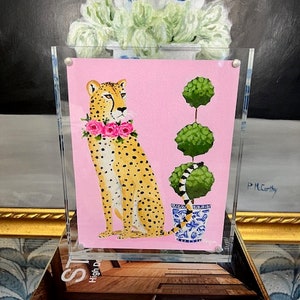 Framed Original Gouache Chinoiserie Leopard in Acrylic Frame - Traditional Decor - Preppy Eclectic Decor- Grandmillenial Style