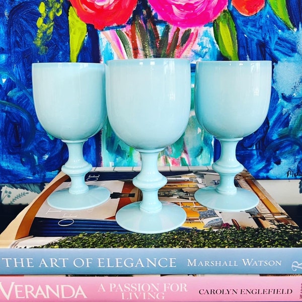 Vintage Blue Opaline Water Glasses - Majolica - Grandmillenial Style - Table Decor - Preppy Eclectic Decor