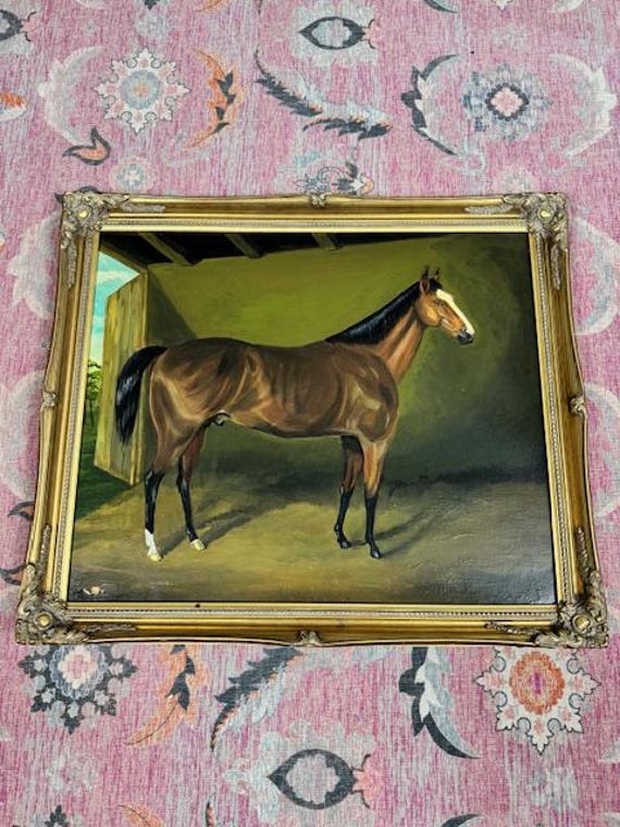 Early 20th Century Original English School Bay Horse Painting  - Ralph Lauren Style - Traditional Decor -  Grandmillenial Style