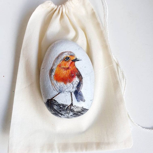 Winter Robin painted stone