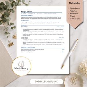May include: A resume template document featuring the name Morgan O'Brien, professional summary, technical skills, experience, and education sections. A white pen rests on the page. A text box lists Cover Letter, Resume, Reference Sheet, and Instructions.