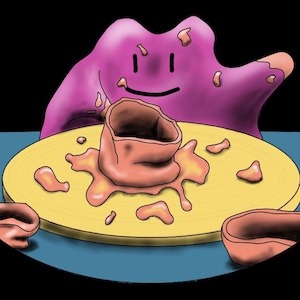 Könnte beinhalten: Eine Cartoon-Illustration zeigt einen lila Klecks mit einem lächelnden Gesicht, der eine Töpferscheibe überwacht. Das Rad hält einen Tontopf in Arbeit, umgeben von Tonstücken und Spritzern. Der Hintergrund ist schwarz.