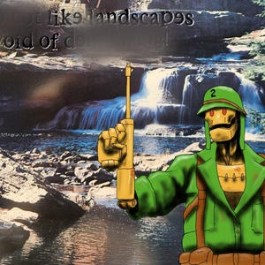 May include: An illustration of a robot soldier in a green uniform and helmet, holding a gold weapon. The robot has a yellow face and torso. The background features a waterfall and the text "I do not like landscapes devoid of depth."