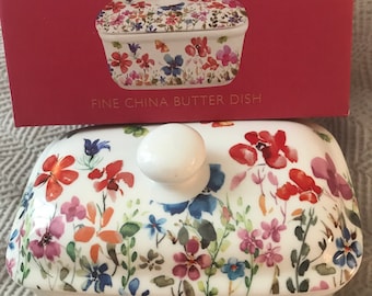 Leonardo Collection Flowers & Butterflies Design, Fine China Butter Dish with Gift Box.