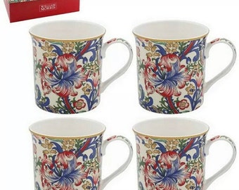 A Charming William Morris Gift~Box Set of 4, ‘Golden Lily’ Floral Design, Fine~China Hot Drinks >Coffee > Drinking Mugs.