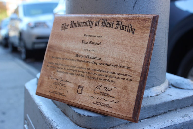 Custom Engraved Diploma, Certificate or Degree on Wood Plaque, High