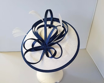 New White and Navy Blue Round Fascinator Hatinator with Band & Clip Weddings Races, Ascot, Kentucky Derby, Melbourne Cup