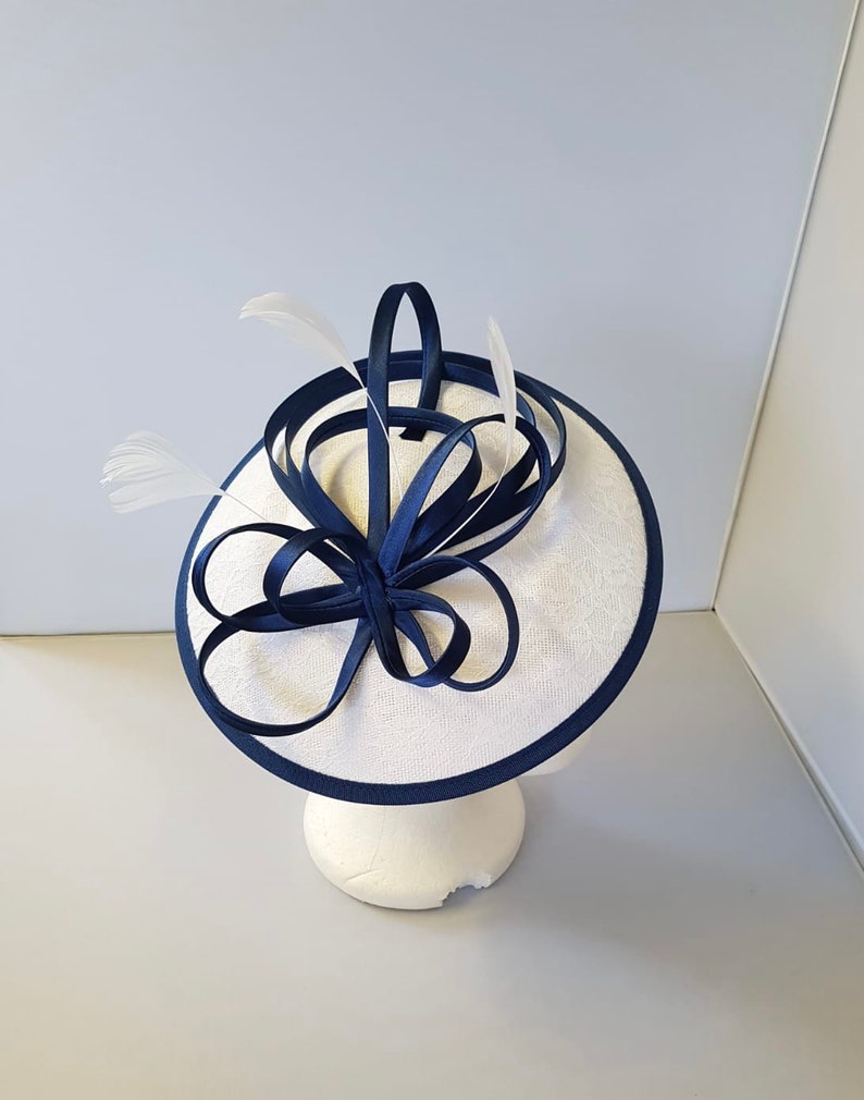 New White and Navy Blue Round Fascinator Hatinator with Band & Clip Weddings Races, Ascot, Kentucky Derby, Melbourne Cup image 1